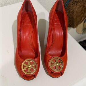 Tory Burch Orange limited edition color Wedge Heels with Gold Emblem